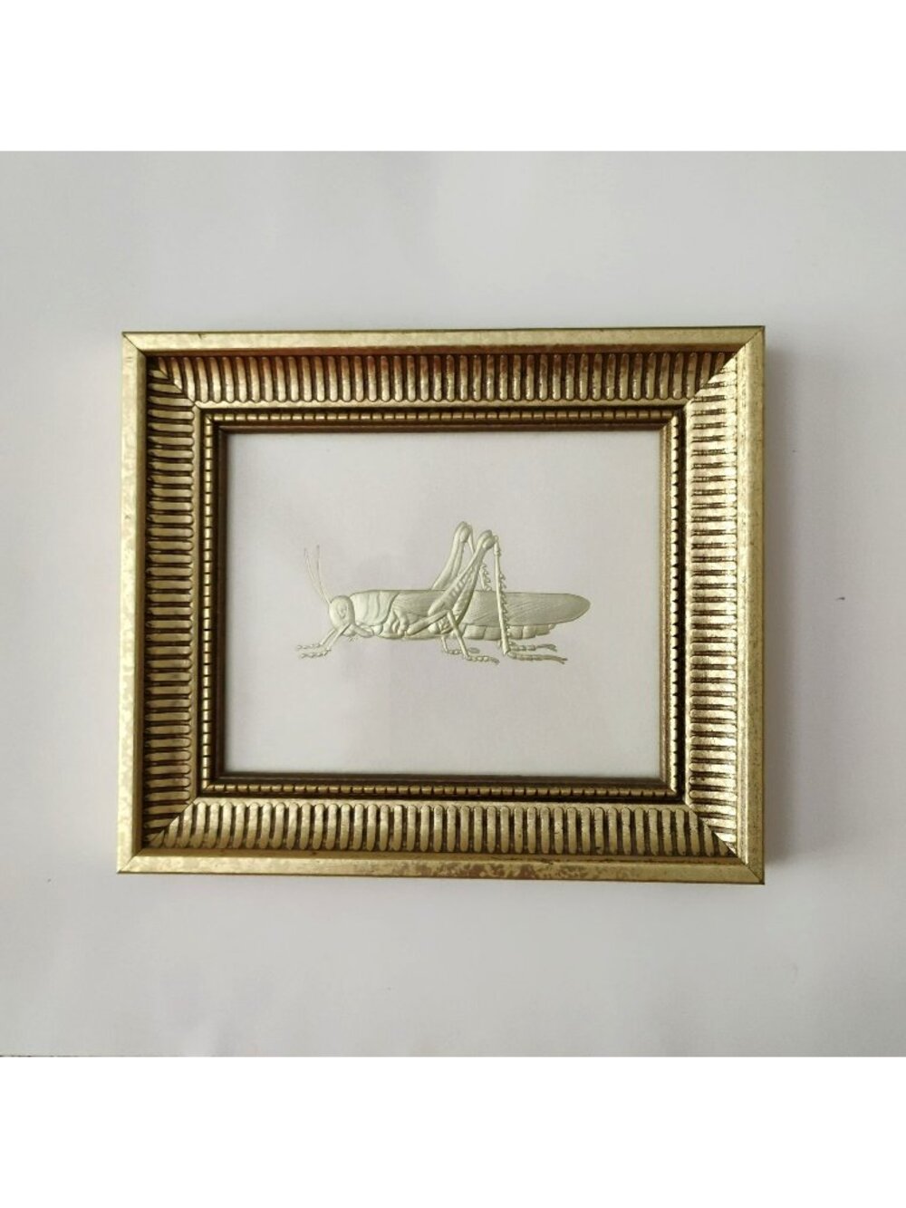 Vintage Gold Foil Grasshopper Art in Ornate Fluted Frame, Small Miniature Insect